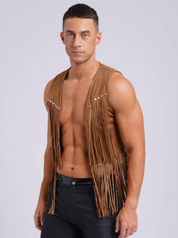 Men Faux Suede Tassel Rivets Fringe Open Front Cowboy Vest thumb