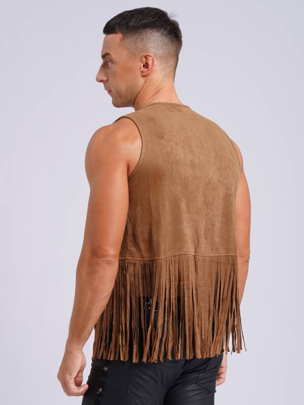 Men Faux Suede Tassel Rivets Fringe Open Front Cowboy Vest thumb