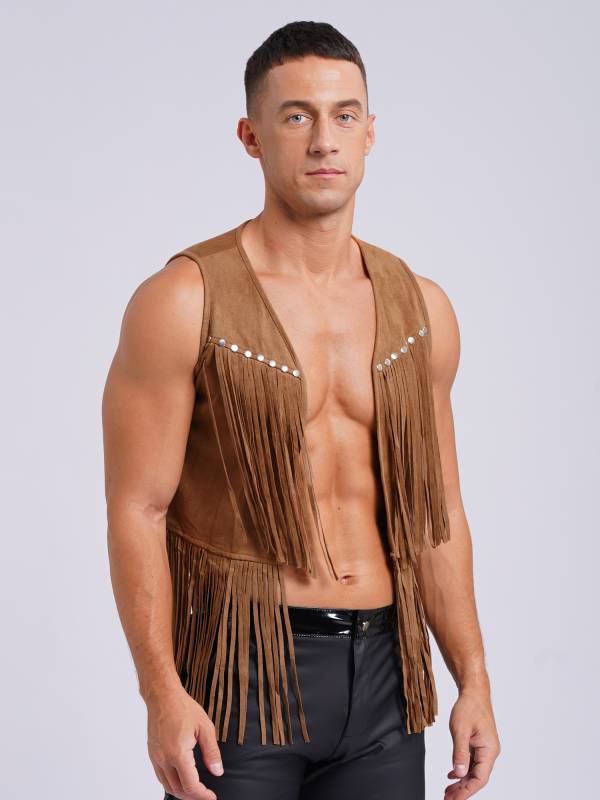 Men Faux Suede Tassel Rivets Fringe Open Front Cowboy Vest thumb