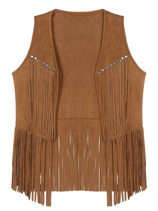 Men Faux Suede Tassel Rivets Fringe Open Front Cowboy Vest thumb