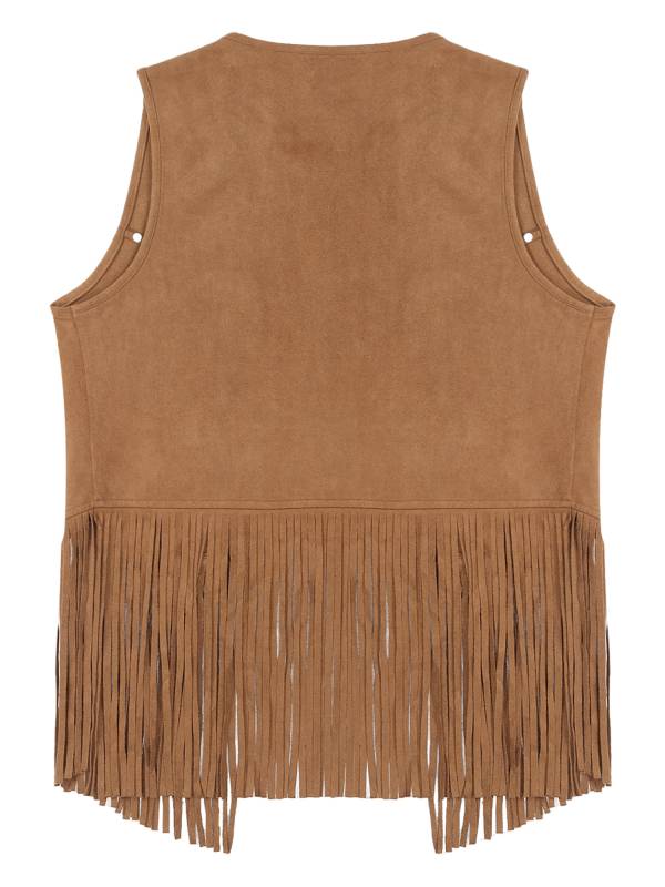 Men Faux Suede Tassel Rivets Fringe Open Front Cowboy Vest thumb