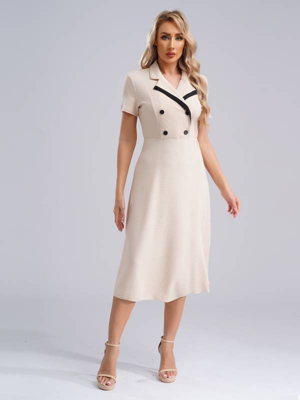 Women A-line Notch Lapel Short Sleeve Midi Dress for Work Evening thumb