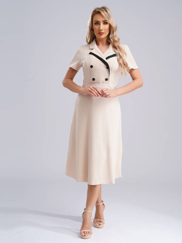 Women A-line Notch Lapel Short Sleeve Midi Dress for Work Evening thumb