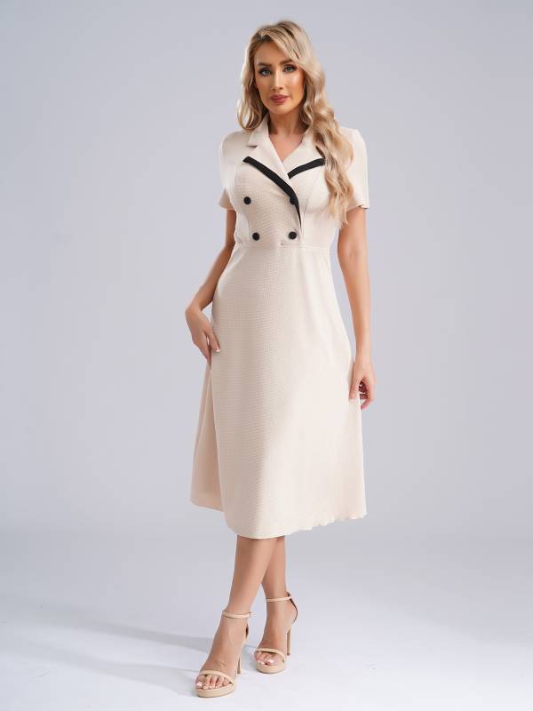 Women A-line Notch Lapel Short Sleeve Midi Dress for Work Evening thumb