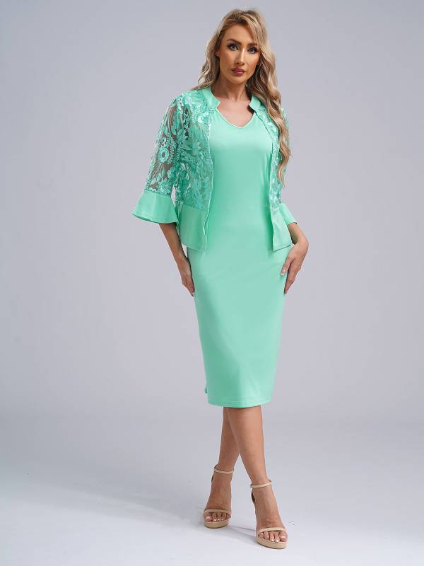 Women Plus Size V Neck Sleeveless Pencil Dress with Floral Lace Cardigan thumb