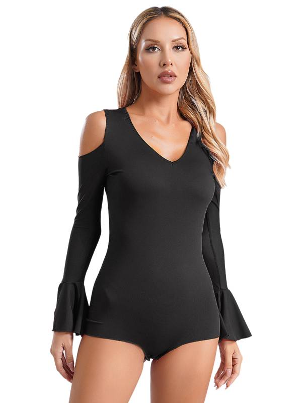 Women V Neck Cold Shoulder Long Sleeve Latin Dance Leotard thumb