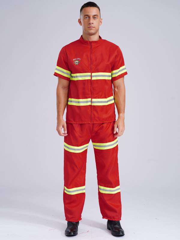 Men 4pcs Short Sleeve Jacket and Pants with Helmet Belt Firefighter Costume Set thumb