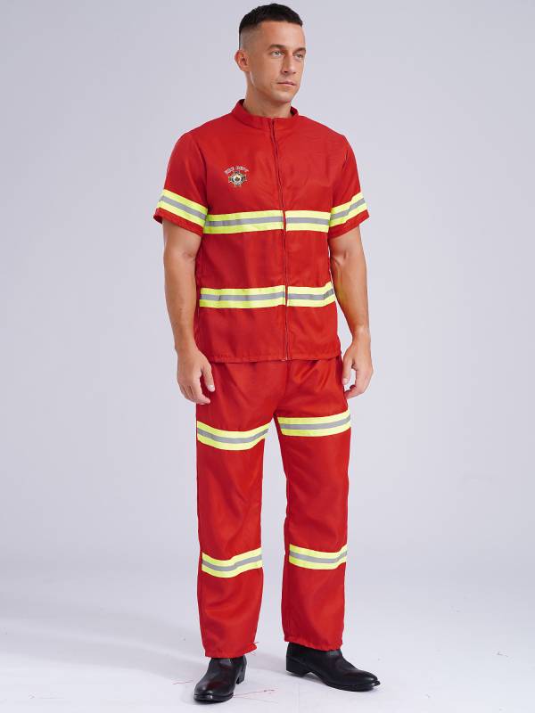 Men 4pcs Short Sleeve Jacket and Pants with Helmet Belt Firefighter Costume Set thumb