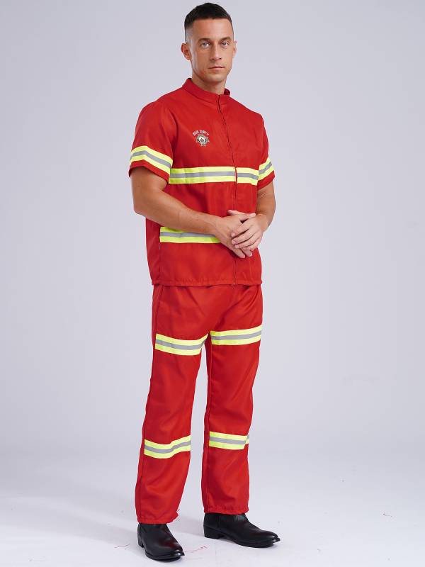 Men 4pcs Short Sleeve Jacket and Pants with Helmet Belt Firefighter Costume Set thumb