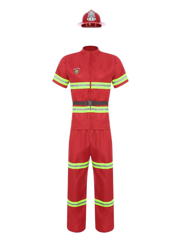 Men 4pcs Short Sleeve Jacket and Pants with Helmet Belt Firefighter Costume Set thumb