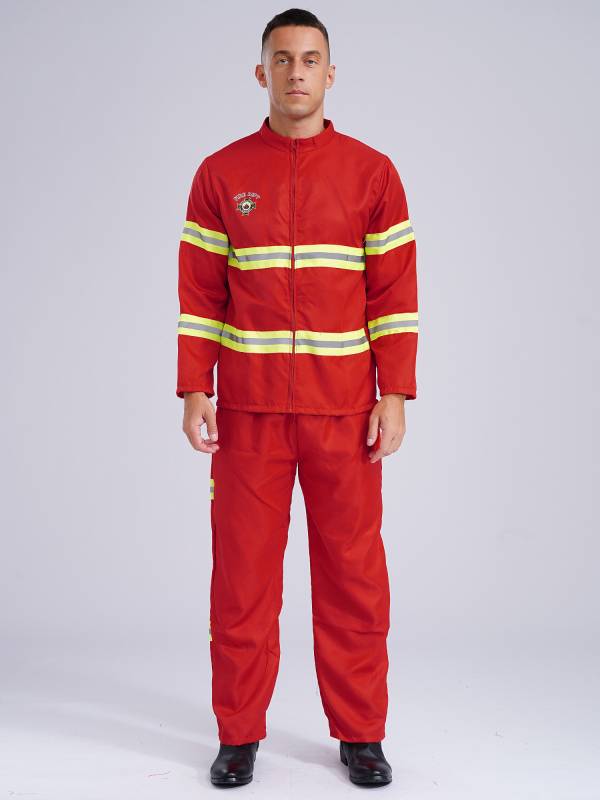 Men 4pcs Long Sleeve Jacket and Pants with Helmet Belt Firefighter Costume Set thumb