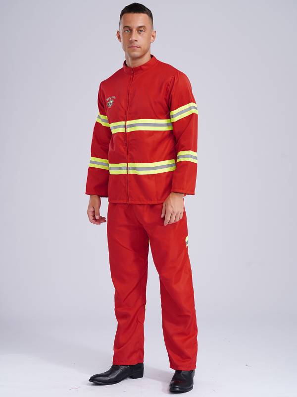 Men 4pcs Long Sleeve Jacket and Pants with Helmet Belt Firefighter Costume Set thumb