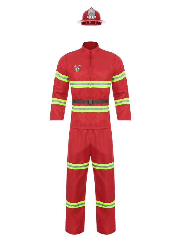 Men 4pcs Long Sleeve Jacket and Pants with Helmet Belt Firefighter Costume Set thumb