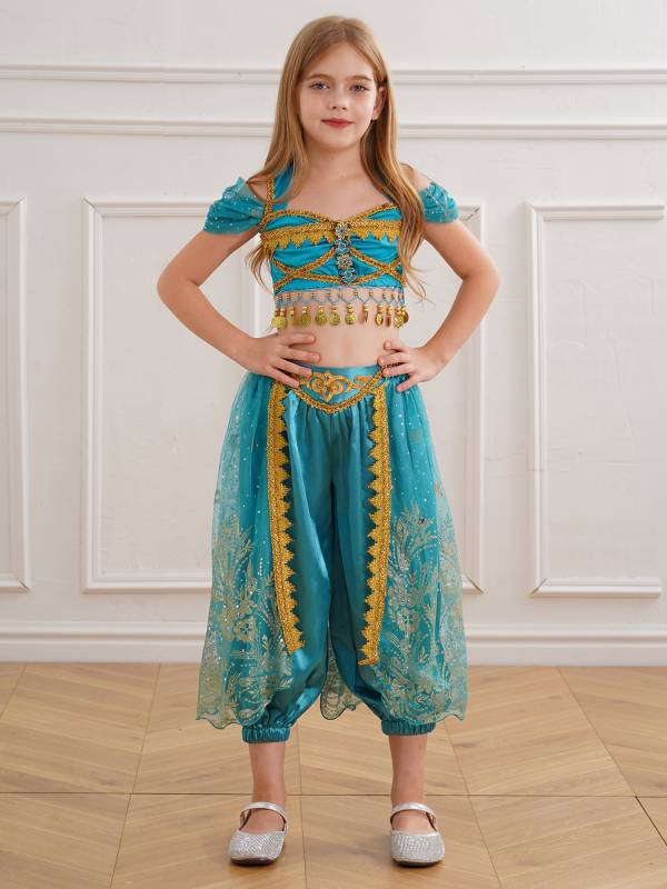 Kids Girl Short Sleeve Sequins Crop Top and Pants Set Arabian Princess Costume thumb