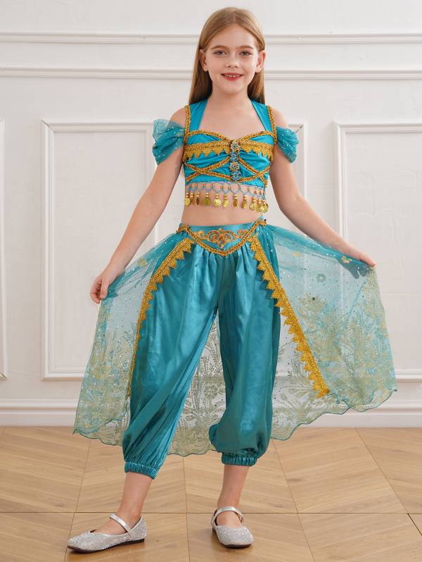 Kids Girl Short Sleeve Sequins Crop Top and Pants Set Arabian Princess Costume thumb