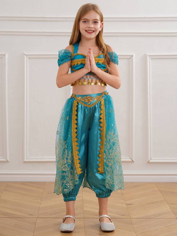 Kids Girl Short Sleeve Sequins Crop Top and Pants Set Arabian Princess Costume thumb