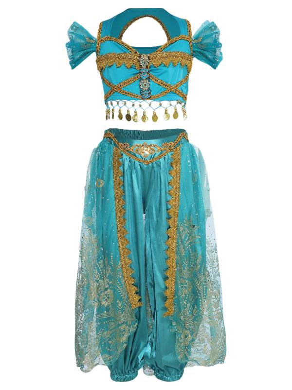 Kids Girl Short Sleeve Sequins Crop Top and Pants Set Arabian Princess Costume thumb