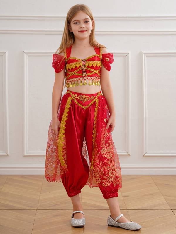 Kids Girl Short Sleeve Sequins Crop Top and Pants Set Arabian Princess Costume thumb