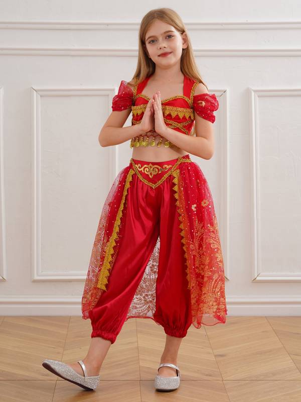 Kids Girl Short Sleeve Sequins Crop Top and Pants Set Arabian Princess Costume thumb