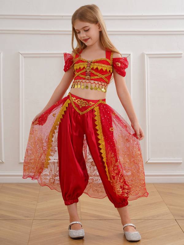 Kids Girl Short Sleeve Sequins Crop Top and Pants Set Arabian Princess Costume thumb