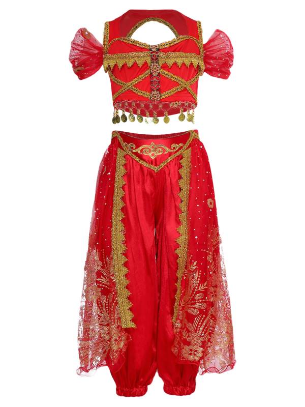 Kids Girl Short Sleeve Sequins Crop Top and Pants Set Arabian Princess Costume thumb