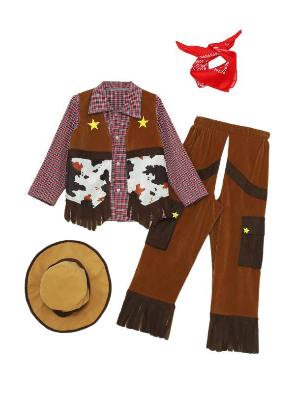 Boys 5pcs Gingham Plaid Long Sleeve Shirt with Pants and Vest Cowboy Costume Set thumb