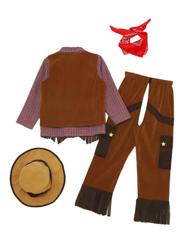 Boys 5pcs Gingham Plaid Long Sleeve Shirt with Pants and Vest Cowboy Costume Set thumb