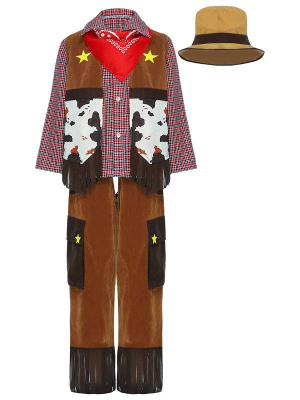 Boys 5pcs Gingham Plaid Long Sleeve Shirt with Pants and Vest Cowboy Costume Set thumb