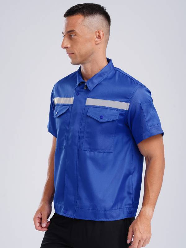 Men Short Sleeve High Visibility Reflective Stripes Zipper Work Shirt thumb