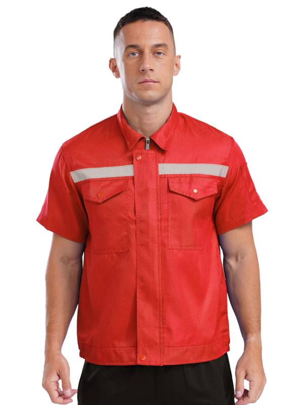 Men Short Sleeve High Visibility Reflective Stripes Zipper Work Shirt thumb