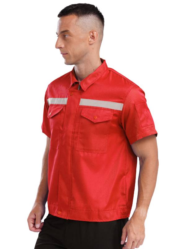 Men Short Sleeve High Visibility Reflective Stripes Zipper Work Shirt thumb