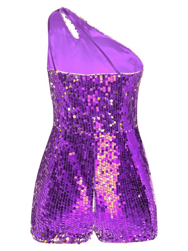 Kids Girls Sequin One Shoulder Sleeveless Prom Romper thumb