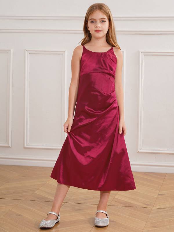 Kids Girls Satin Junior Bridesmaid Dress Straps Solid Color Tea Length Dress thumb