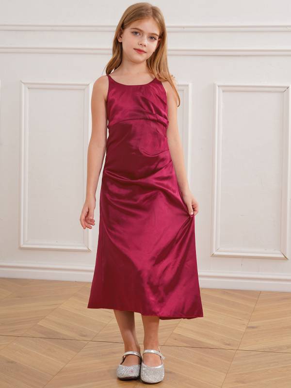 Kids Girls Satin Junior Bridesmaid Dress Straps Solid Color Tea Length Dress thumb