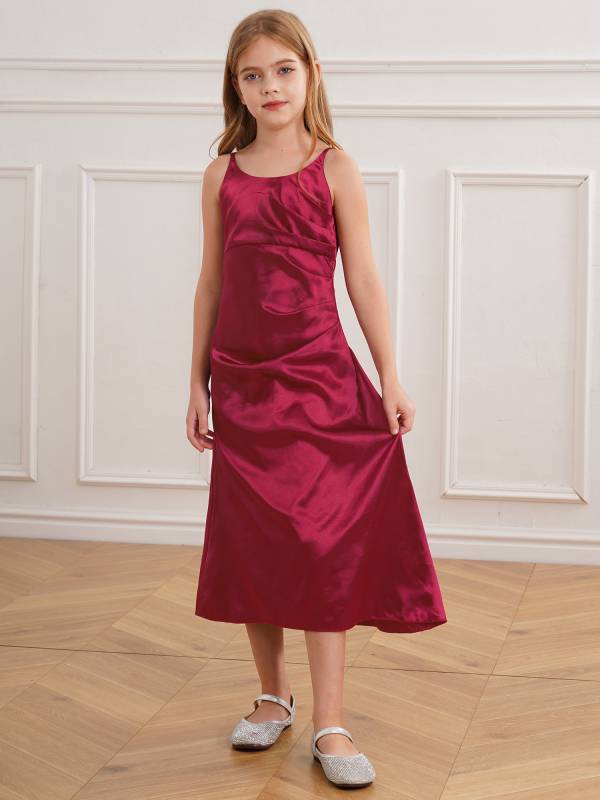 Kids Girls Satin Junior Bridesmaid Dress Straps Solid Color Tea Length Dress thumb