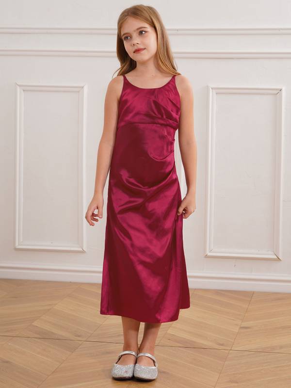 Kids Girls Satin Junior Bridesmaid Dress Straps Solid Color Tea Length Dress thumb