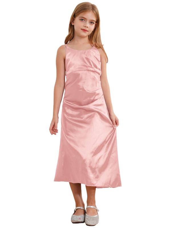 Kids Girls Satin Junior Bridesmaid Dress Straps Solid Color Tea Length Dress thumb