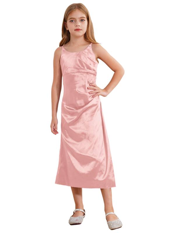 Kids Girls Satin Junior Bridesmaid Dress Straps Solid Color Tea Length Dress thumb