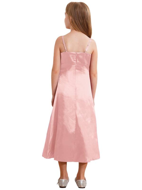 Kids Girls Satin Junior Bridesmaid Dress Straps Solid Color Tea Length Dress thumb