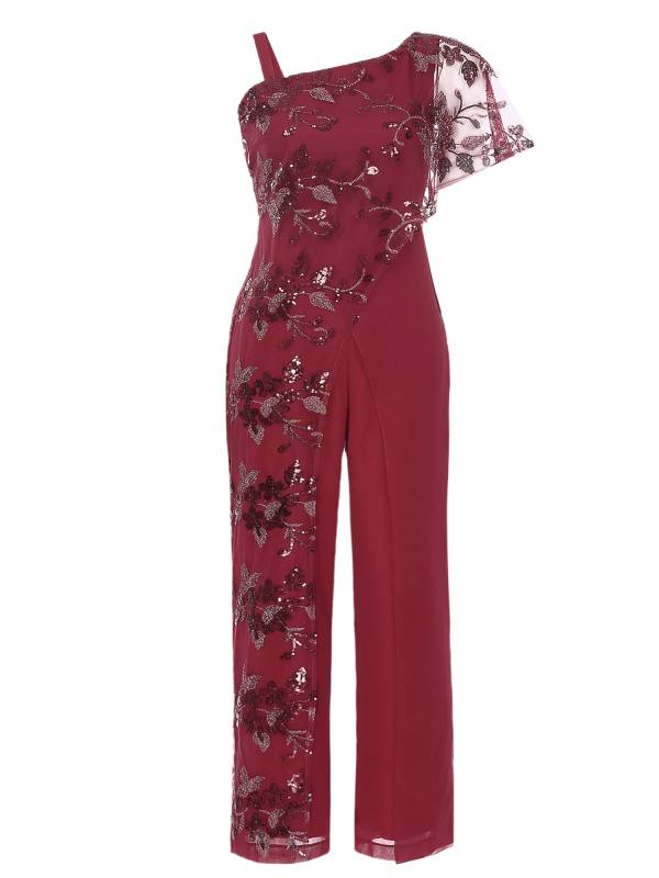 Women Embroidered Lace Sequined Asymmetric Shoulder High Waist Jumpsuit thumb