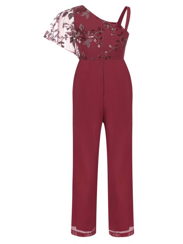 Women Embroidered Lace Sequined Asymmetric Shoulder High Waist Jumpsuit thumb