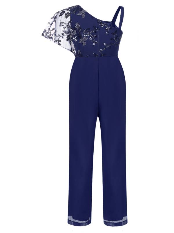 Women Embroidered Lace Sequined Asymmetric Shoulder High Waist Jumpsuit thumb