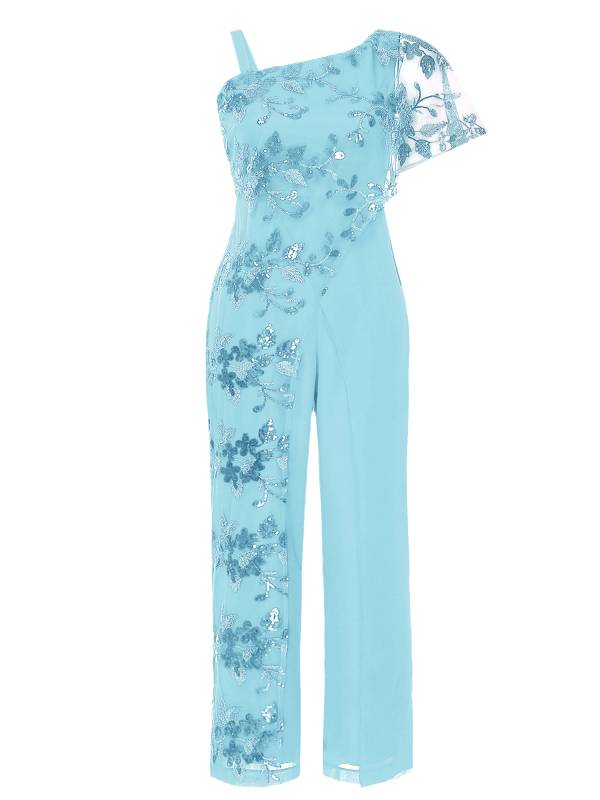 Women Embroidered Lace Sequined Asymmetric Shoulder High Waist Jumpsuit thumb