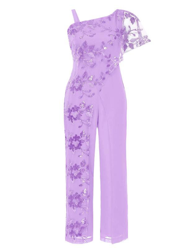 Women Embroidered Lace Sequined Asymmetric Shoulder High Waist Jumpsuit thumb