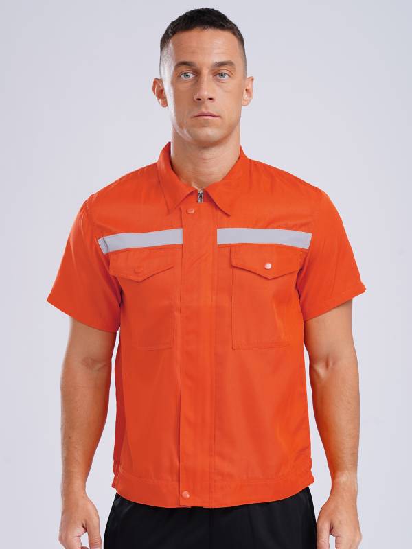 Men Short Sleeve High Visibility Reflective Stripes Zipper Work Shirt thumb