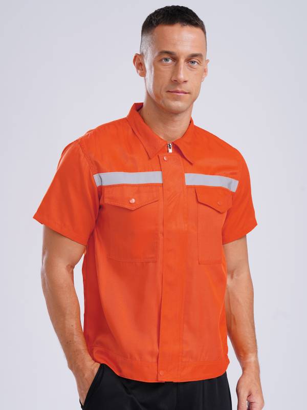 Men Short Sleeve High Visibility Reflective Stripes Zipper Work Shirt thumb