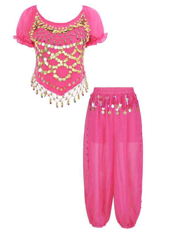 Women 2pcs Short Sleeve Sequined Crop Top and Side Slit Pants Belly Dance Set thumb