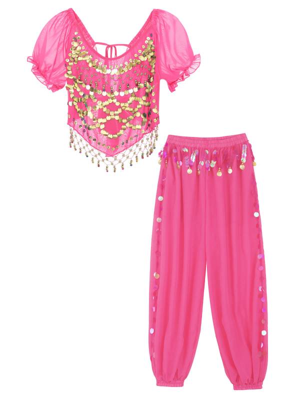 Women 2pcs Short Sleeve Sequined Crop Top and Side Slit Pants Belly Dance Set thumb