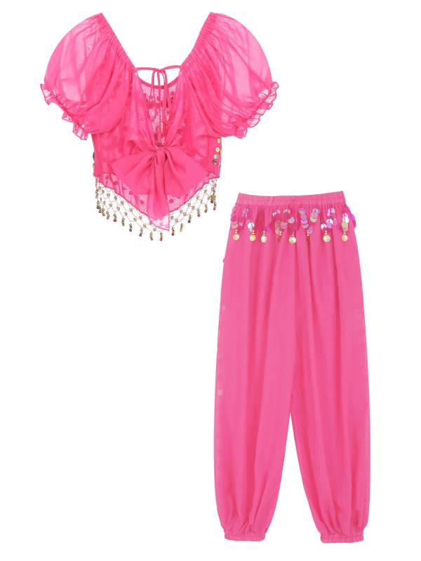 Women 2pcs Short Sleeve Sequined Crop Top and Side Slit Pants Belly Dance Set thumb