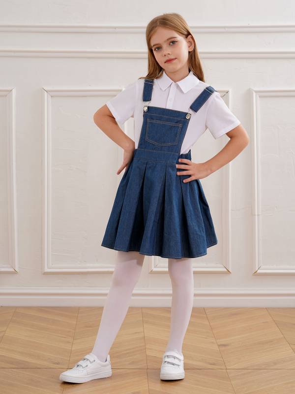 Kids Girls Sleeveless Adjustable Suspenders Denim Overall Pleated Dress thumb